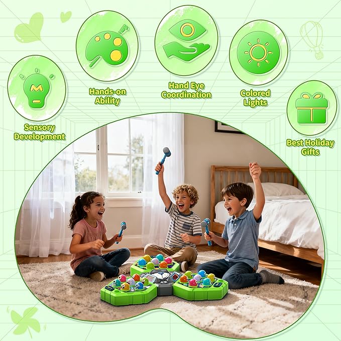 Whack Game Mole for Toddlers, Toys for 3-12 Year Old Boys Girls, Interactive Educational Multiplayer Toys with 3 Modes & 3 Hammers, Sound & Light, Birthday Xmas Gifts for 3 4 5 6 7+ Year Old Boys Girl