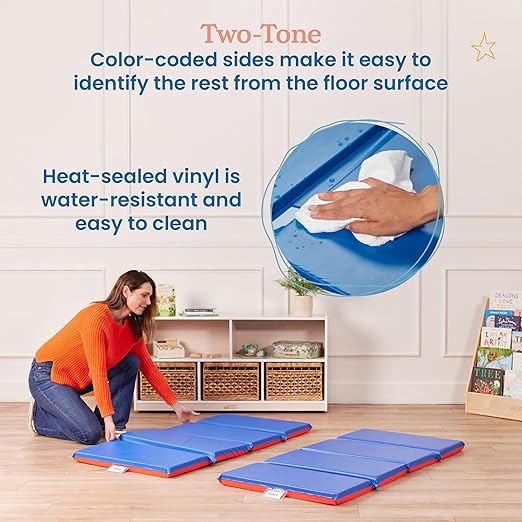ECR4Kids Premium Folding Rest Mat, 4-Section, 2in, Sleeping Pad, Blue/Red