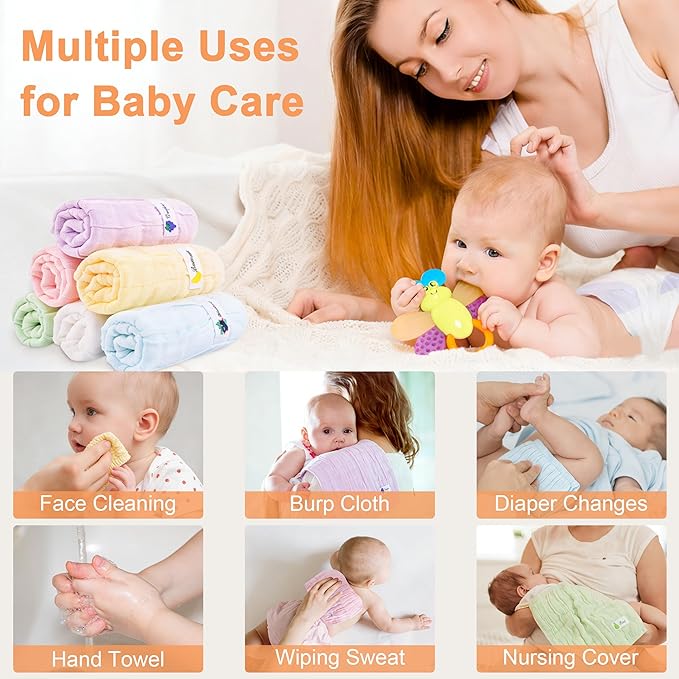 6 Pack Muslin Baby Washcloths 100 Cotton 6 Layer Soft Absorbent Gentle for Newborn Sensitive Skin Stretchy Multi Use for Face Bath and Burp Cloths 10x10 Inches Baby Shower Gift