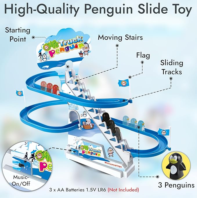 ARSUK Penguin Race Game Toy Playful Musical Roller Coaster Track Playset with Music & LED Flashing Lights On/Off Button for Toddlers and Kids Gift
