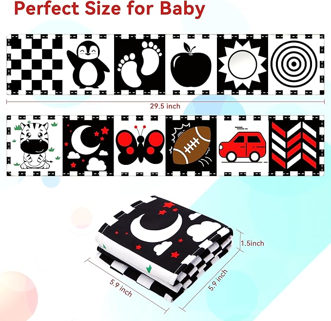 Yeeeasy Tummy Time Baby Toys for Newborn 0-6 Months, Double-Sided High Contrast Black and White Baby Book with Mirror, Montessori Sensory Crinkle Soft Toys for Infant Brain Development 0-12 Months