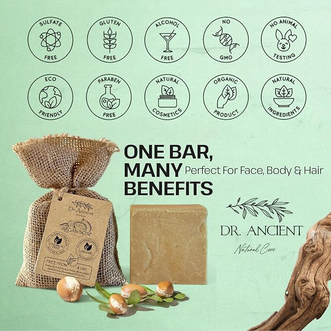 Dr.Ancient Argan Soap Bar, Organic Soap Bars Handcrafted the Traditional Way, Natural Chemical-Free, Vegan, Used for Face Wash, Body Wash, Hand Cleansing and Daily Skin Care, Gentle Cleanser