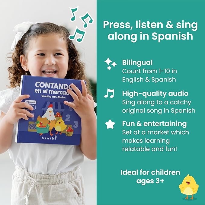 Binibi Counting at the Market – Bilingual Musical Sound Book for Kids 3–5, Learn Numbers in Spanish & English, Interactive Counting Book. Libro en Español para Niños