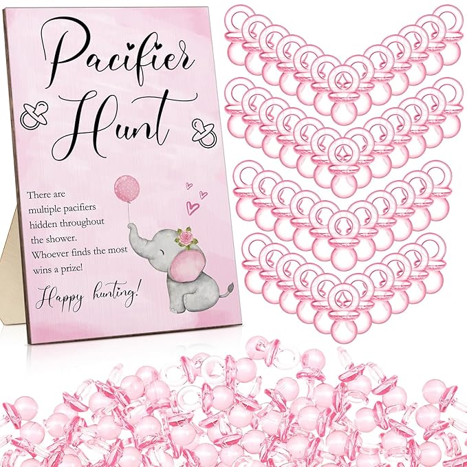 Roowest 51 Pcs Pacifier Hunt BabyShower Games Include Wooden Hunt Sign and 50 Acrylic Mini Plastic Pacifiers for BabyShower Game Decoration Gift Sets Gender Reveal Party(Elephant,Pink)