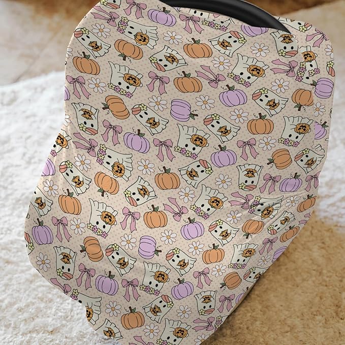 Cute Pumpkins Bows Flowers Baby Car Seat Covers Spooky Halloween Stretchy 5-in-1 Cover Adjustable Car Canopy Breastfeeding Cover Fall Autumn Floral Breathable Nursing Cover-Up