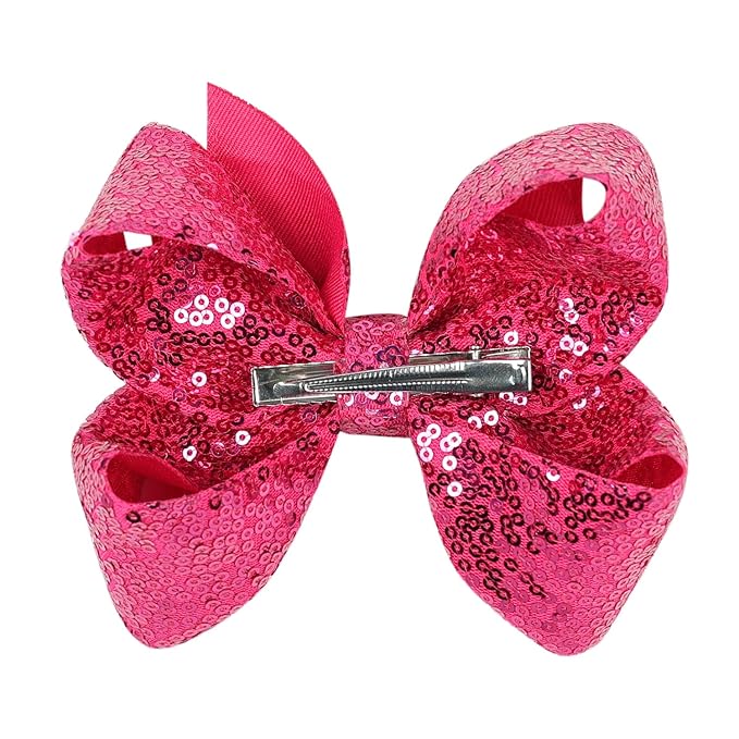 6 Inch Hot Pink Sparkly Glitter Sequin Hair Bows for Girls Toddlers Kids Children Teenage (2PCS)