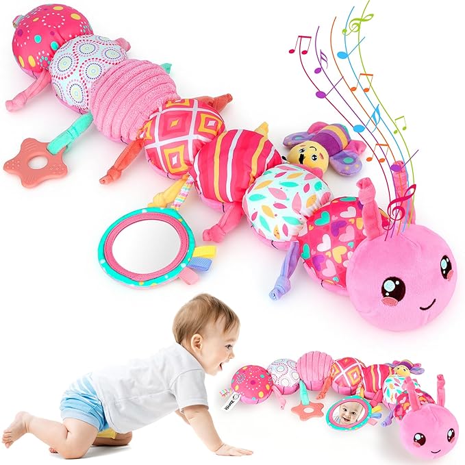 Baby Girls Toys 6-12 Months - Infant 6-in-1 Sensory Music Animal Stuffed Caterpillar Toy with Rattle & Mirror Crinkle for Tummy Time, Newborn 0 3 6 9 12 18 Shower Gifts Soothing Companion Toys, Pink