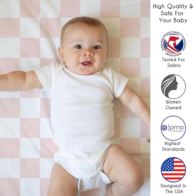 Sweet Jojo Designs Baby Play Mat (Pink Gingham Checkered Plaid) for Girls, Infant, Toddler Tummy Time Activity Floor Playmat (Vintage, Classic, Checkerboard, Geometric, Minimalist, Retro, Blush)