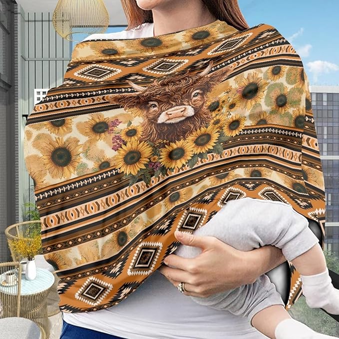 Car Seat Covers Canopy Cover Aztec Highland Cow Sunflower Multi-use Carseat Canopy Covers Breathable Breastfeeding Protector for Babies, Boys & Girls