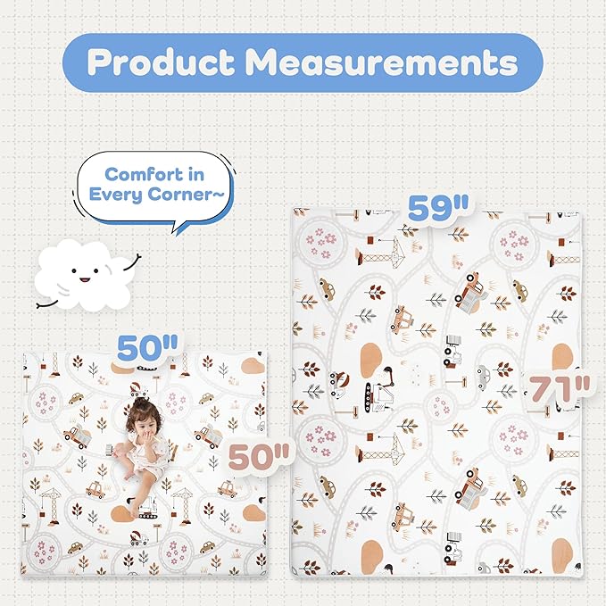 1.3" Thick Educational Baby Floor Play Mat 50x 50, Basic Padded Memory Foam Mat, Non-Slip Plush Playmat for Nursery Playroom Classroom (Car)