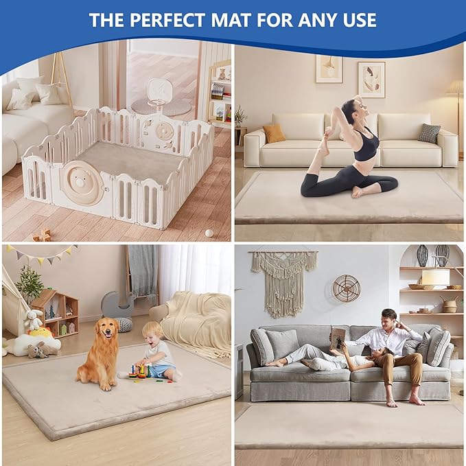Baby Play Mat for Floor,1.3" Thick Memory Foam Tummy Time Mat for Toddlers,Infants,Kids,Water-Repellent Soft Nursery Rug,71"×79" Extra Large Non Slip for Crawling&Yoga,Tatami Style for Living Room(Beige)