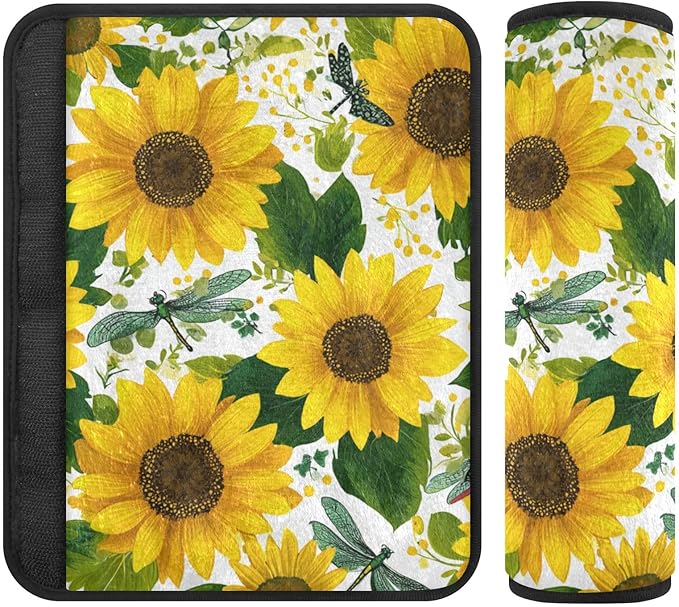 2 Pack Seatbelt Covers Seat Belt Cover Pad for Adults Boys Girls Car Seat Strap Covers Pads Cushion Universal Shoulder Strap Pad Protector for Backpack Camera Bag 6.5 Inch Cute Yellow Sunflowers and D