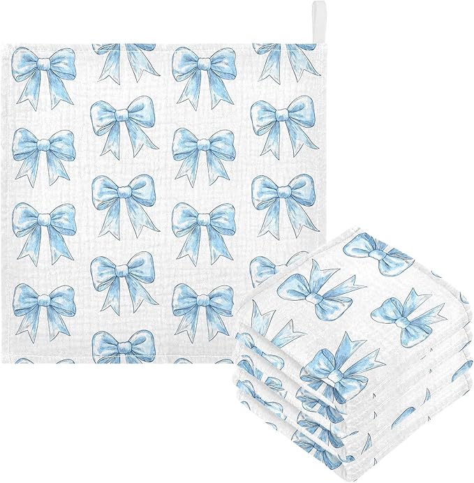 vvfelixl Baby Muslin Washcloths Light Blue Silk Bow Baby Burp Cloths Cotton Babys Face Towel for Newborn Infants Boys Girls Soft and Absorbent 11.8 X 11.8 in, 3 Pack