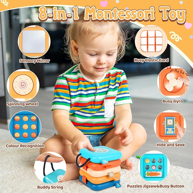 Toddler Travel Toys for Flights Busy Cube, Montessori Quiet Cube for Toddler Road Trip Essentials, Fine Motor Skills Toys for 1.5-2 Year Old, Airplane Baby Toy Car Trips 18 Months Gift
