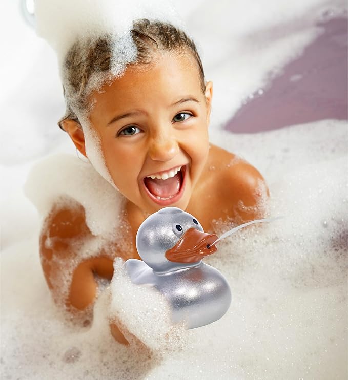 DolliBu Metallic Silver Duck Bath Buddy Squirter - Floating Silver Duck Rubber Bath Toy, Fun Water Squirting Bath Time Play for Toddlers, Animal Toy for Bathtub, Beach, and Pool for Girls and Boys
