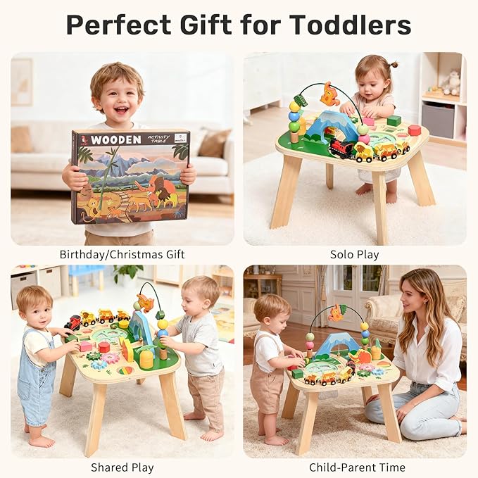 WINGYZ Activity Table for 1 Year Old Toddler, 9-in-1 Multi-Colorful Wooden Montessori Toys, Baby Play Table with Bead Maze Shape Sorter Train Toy, Educational Gifts for 12 Months+ Kids Boys Girls