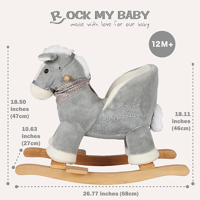 Rock My Baby Rocking Gray Horse with Chair, Plush Stuffed Rocking Pony with Realistic Sound, Baby Rocker Animal for Toddlers 1-3 Ride on,CPC Certified