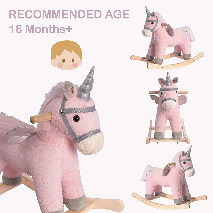 Rock My Baby Rocking Horse, Pink Unicorn/Pony Animal Rocker with Realistic Sound Plush Stuffed Rocking Horses for Toddlers 18M+, CPC Certified