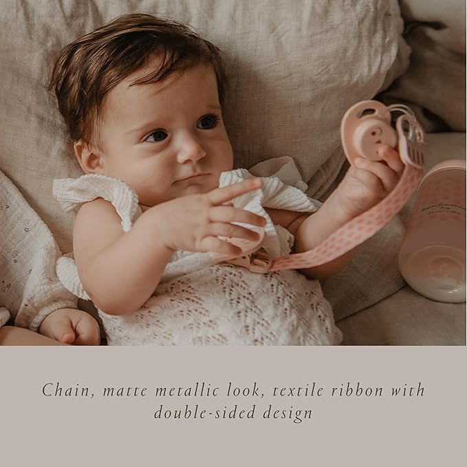 Suavinex Bonhomia Premium Baby Pacifier Clip with Ribbon, Stylish Binky Clips with Double Sided Design, Baby Accessories, Baby Essentials (0mo+), Pink