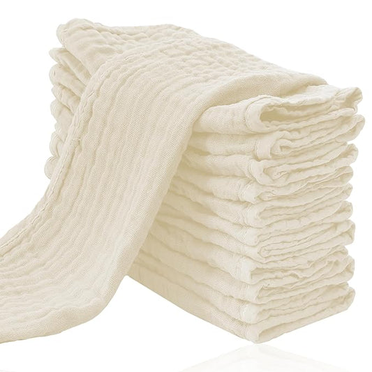 Cute Castle 12 Pack Muslin Burp Cloths for Baby - Ultra-Soft 100% Cotton Baby Washcloths - Large 20'' by 10'' Super Absorbent Milk Spit Up Rags - Burpy Cloths for Unisex, Boy, Girl - Ivory