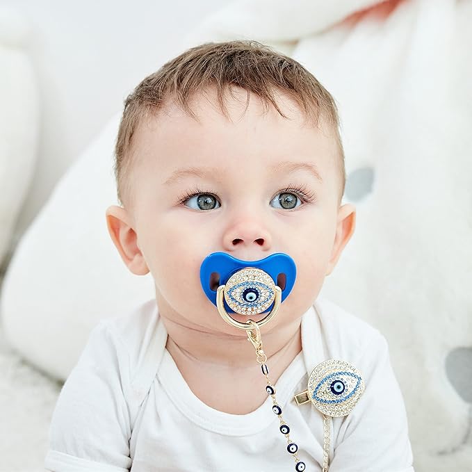 Lovely Evil Eye Gold Silver Pacifier and Clip Set BPA Free Safe Unique Design Luxurious Dummy Ideal Gift for Baby Show New Born