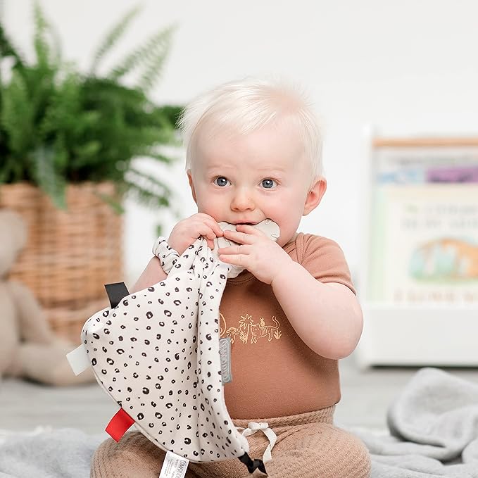 Cheeky Chompers Comfortchew | Baby Lovey with Silicone Teether & Sensory Tags | Soft Fleece Material, Attachable Loop, Machine Washable | (Leopard Spot)