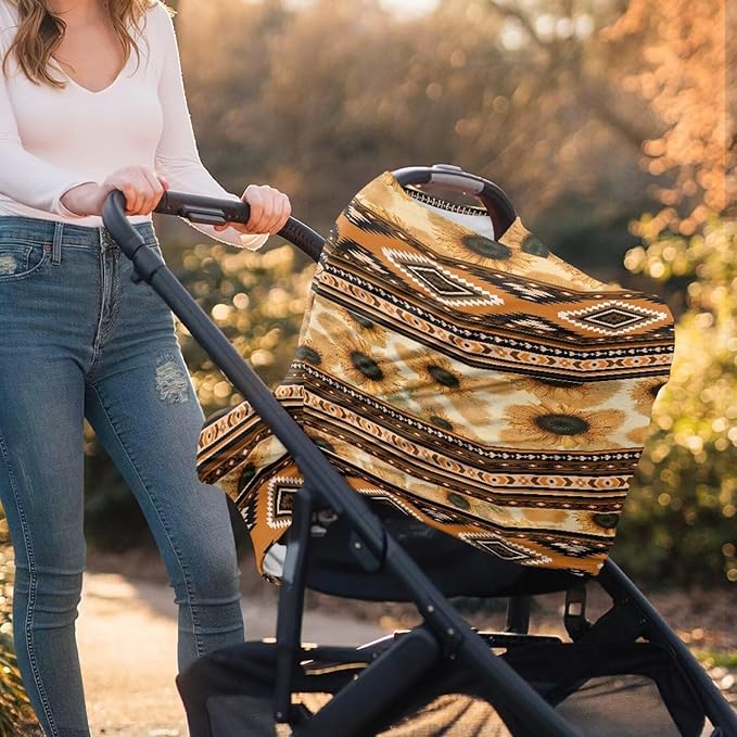 Car Seat Covers Canopy Cover Aztec Highland Cow Sunflower Multi-use Carseat Canopy Covers Breathable Breastfeeding Protector for Babies, Boys & Girls