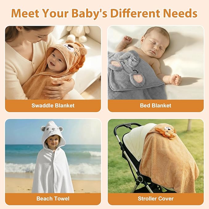 CandyHome 9 PCS Baby Bath Towels for Infants Toddlers, 3 PCS Animal Hooded Baby Towels & 6 PCS Washcloths Set, Ultra Absorbent Soft Cute Newborn Bath Essentials Gifts for Boys & Girls