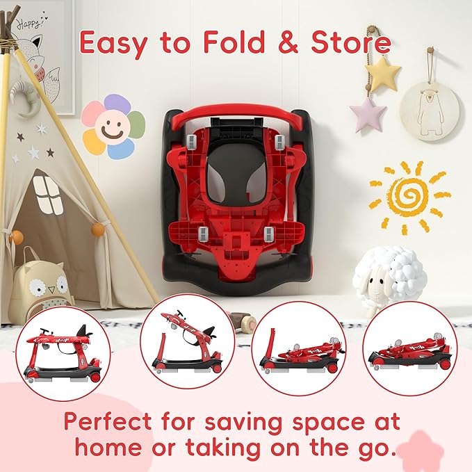 Betterhood 6-in-1 Foldable Baby Walker with Adjustable Height & Speed, Airplane-Themed Activity Push Walker with Music & Lights, Wheels, Anti-Slip Design, Suitable for Boys & Girls Aged 6-18 Months