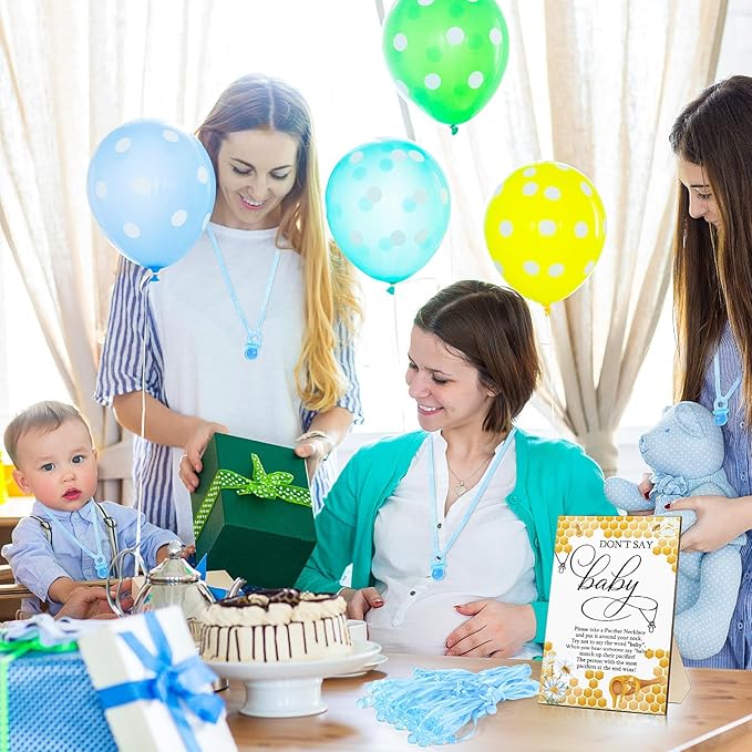 Geetery 51 Pcs Don't Say Baby Game Sign Cool Baby Shower Game 50 Pacifier Necklace Wooden Don't Say Sign Plastic Pacifier Party Favor for Gender Reveal(Bee,Blue)