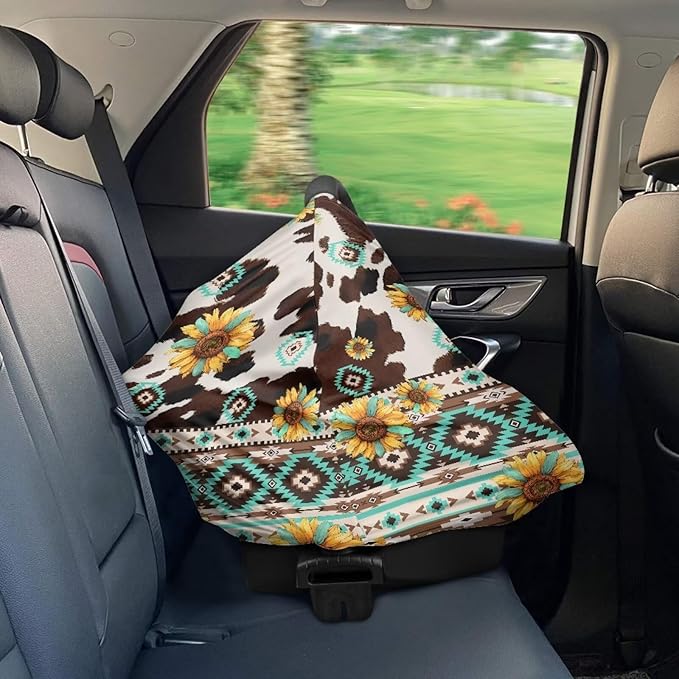 Binienty Aztec Geometric Sunflower Cow Print Baby Car Seat Cover, Stretchy Fabric Carseat Canopies, Multi Use High Chair/Shopping Cart/Stroller Cover