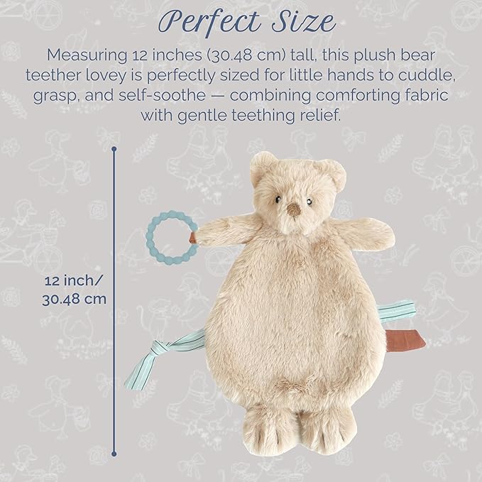 MON AMI Baldwin Bear Security Blanket with Silicone Teether | 12-Inch Plush Lovey for Babies | Soothing Sensory Snuggle Toy | Perfect Newborn Essential for Birthdays & Baby Showers