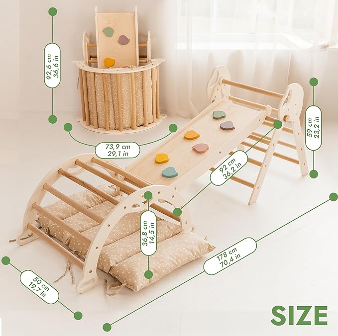 Goodevas 5-in-1 Toddler Climbing Toys Indoor Set - Pikler Triangle, Climbing Arch, Balance Cushion, Montessori Climbing Gym for Toddlers 1-3, Foldable Wooden Baby Activity Center, Jungle Gym for Kids