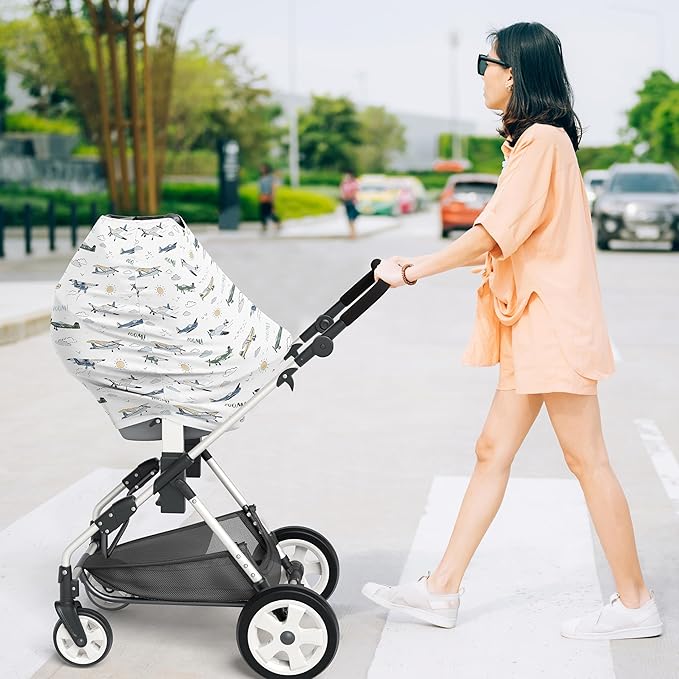 Sweet Jojo Designs Green Vintage Airplane Boy Infant Baby Car Seat Cover for Nursing, Breastfeeding, High Chair, Shopping Cart, Stroller, Carseat Canopy Carrier Multipurpose Use-Transportation, Clouds