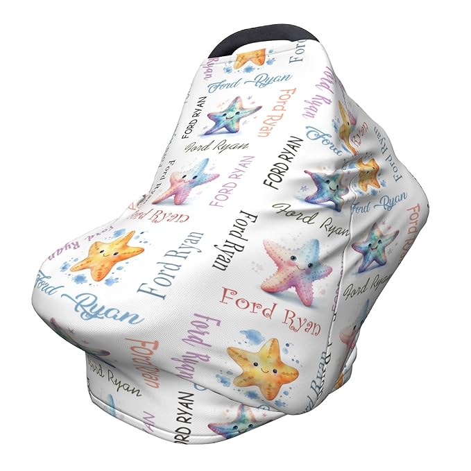 Personalized Baby Car Seat Cover with Name Stroller Canopy Custom Starfish Carseat Cover Newborn Baby Boy Girl Nursing Cover for Moms First Birthday Gift