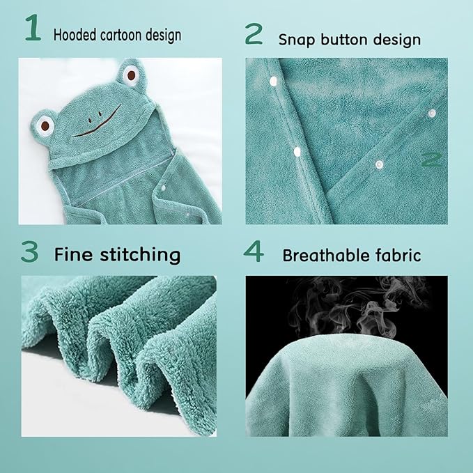 Toddler Baby Bath Towel with Hood 27.5"X55" Ultra Absorbent Soft Cozy Comfort Bathrobe Blanket, 0-6 Years Infant Shower Towel for Girls & Boys(Greenish-Blue)