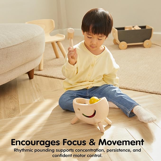 PlanToys® Miracle Pounding II Wooden Pounding Bench Toy for Kids Ages 2+ | Montessori Fine-Motor & Hand-Eye Coordination Activity for Focus & Strength | Eco-Friendly Educational Toy