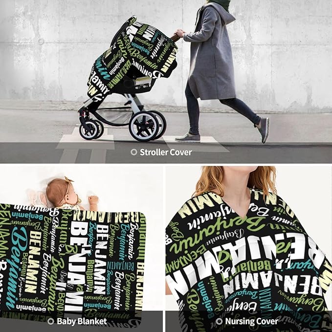 Personalized Baby Car Seat Canopy for Boys Girls, Custom Name, Black, Minky, Water Resistant, Universal Fit