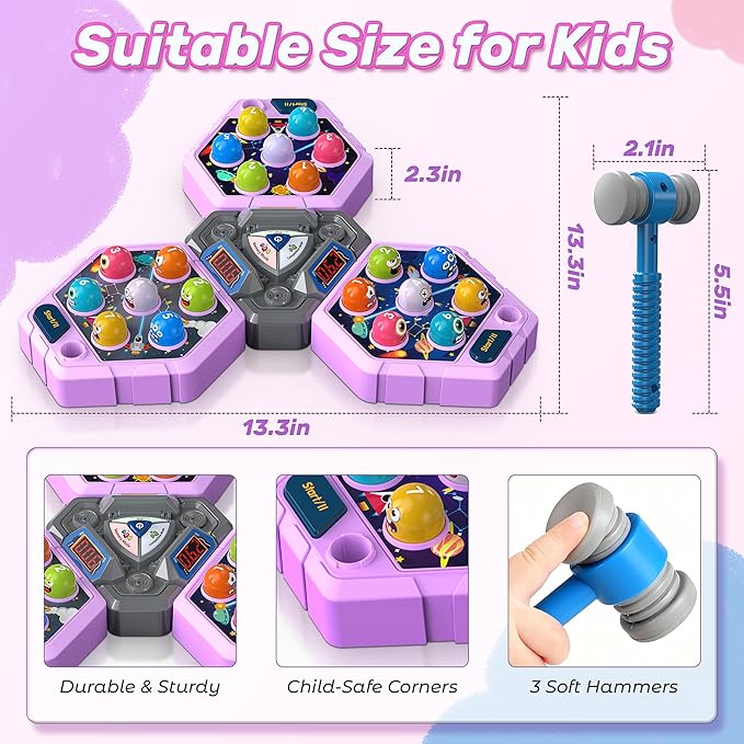 Whack Game Mole, Game 3+ Year Old, 3 Year Old Boy, 4 Year Old Toy, Gift for 3 Year Old, Boys Toys Age 4-6, 3-Players Whack Toy with 3 Modes, 7 Speeds, Light&Sounds, Birthday Gift for Todder(Purple)