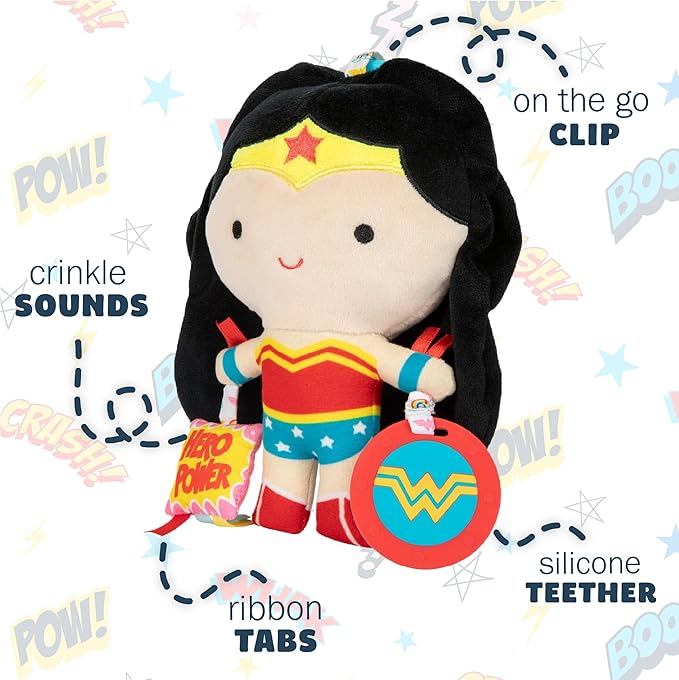 Kids Preferred DC Comics Wonder Woman Multi Sensory Activity Toy with Teethers, Crinkle Textures, and Clip for On The Go Fun for Infant and Baby Boys and Girls Medium