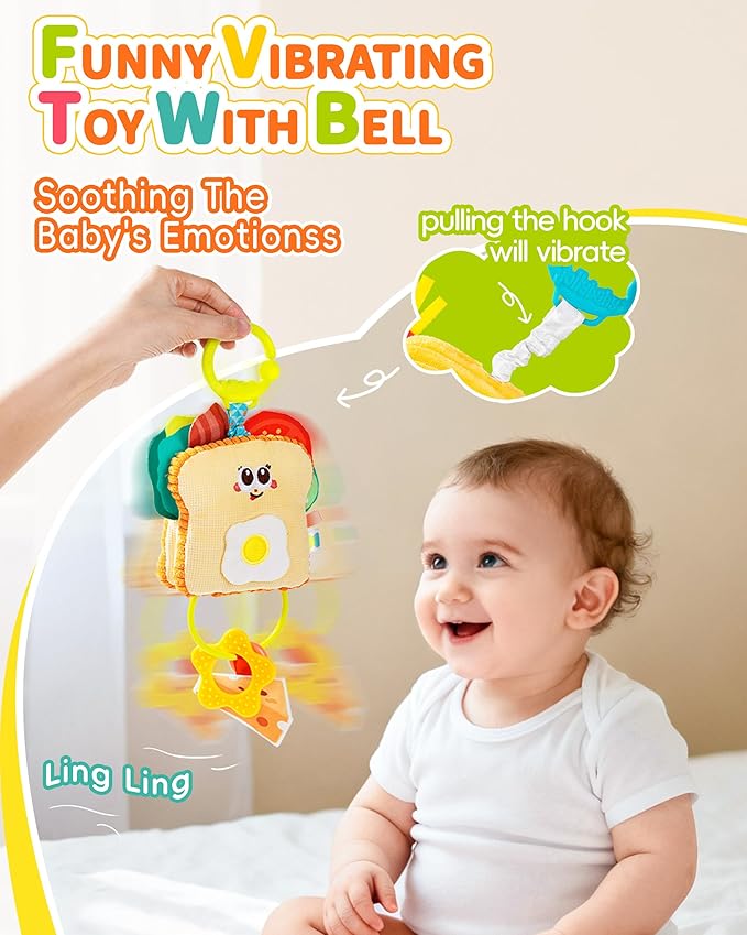 Jollybaby Baby Pull Vibration Toy - Tummy Time Sensory Hanging Toys for Car Seat, Stroller, Crib & Play Gym, with Babier Teether, Airplane Travel Toys for Toddlers Gift - Baby Bottle