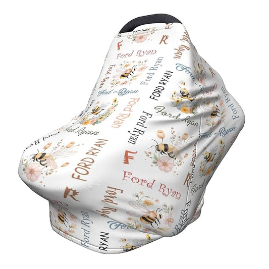Personalized Baby Car Seat Cover with Name Stroller Canopy Custom Bee Carseat Cover Newborn Baby Boy Girl Nursing Cover for Moms First Birthday Gift