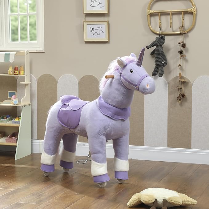 Qaba Ride on Horse for Kids 4-7 Years, 37.8 Inch Height Plush Riding Unicorn, Walking Horse Animal with Rolling Wheels for Active Play, No Batteries Required, Purple