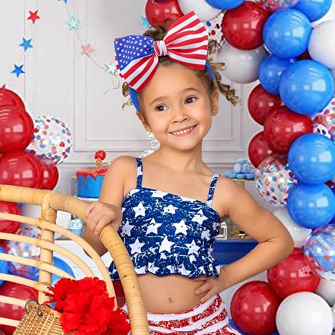 Patriotic Hairband - American Flag Headband with Red, White and Blue Nylon Bows for Baby Girls, Toddlers - Fourth of July Accessories