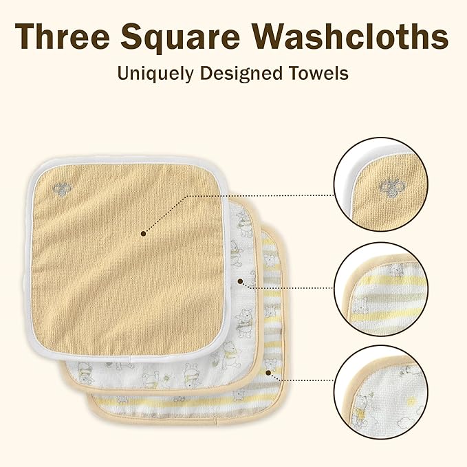 Disney Baby Winnie The Pooh Unisex Hooded Baby-Bath Towel with 3 Washcloths Set for Newborn and Infants