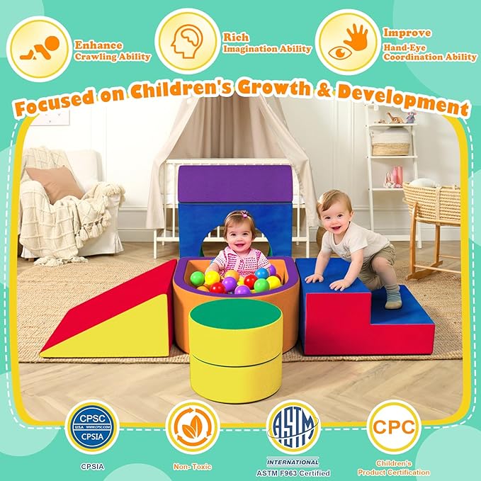 6 Pieces Toddler Climbing Toys Indoor, Crystal Velvet Foam Climbing Blocks for Toddlers 1-3, Baby Climbing Toys Soft Play Set for Climbing Sliding and Crawling (Balls not Included)
