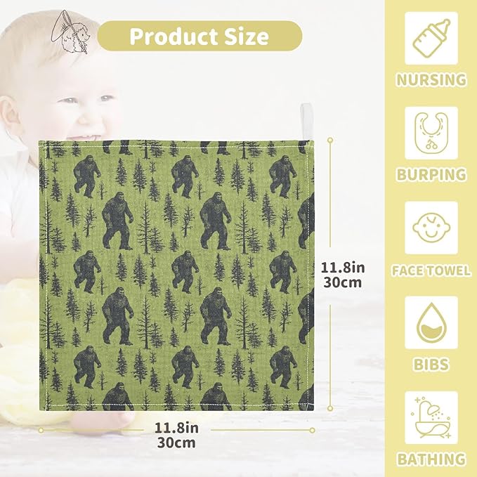 Bigfoot Baby Washcloths Newborn Muslin Burp Cloths 3 Pack Soft Cotton Baby Face Bath Towel Drool Bibs for Infants, Girls and Boys 11.8 x 11.8 Inch