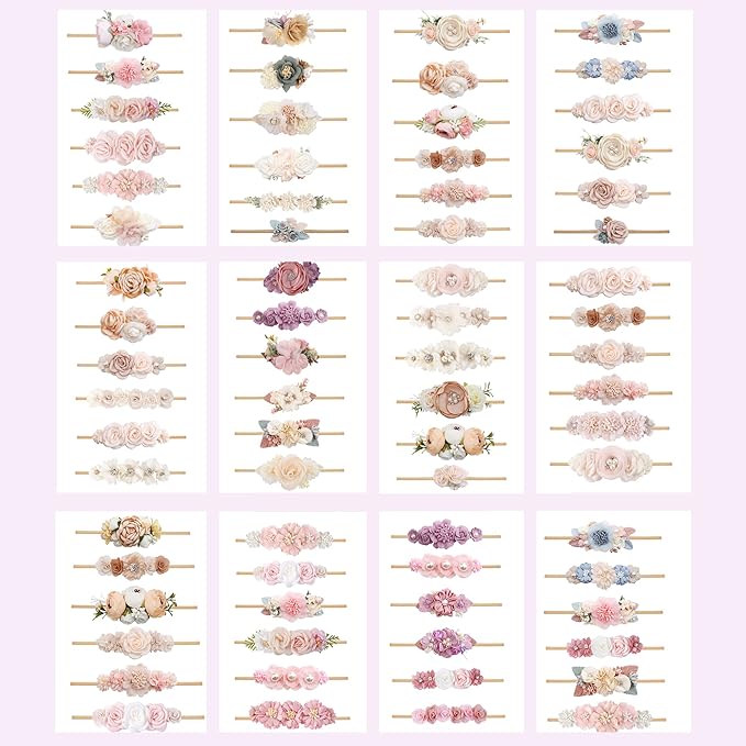 Baby Girl Flower Headband 6 PCS Elastic Hairbands Handmade Nylon Bows Headbands Chic Floral Hair Accessories Kids Gifts for Newborn Infant Toddlers