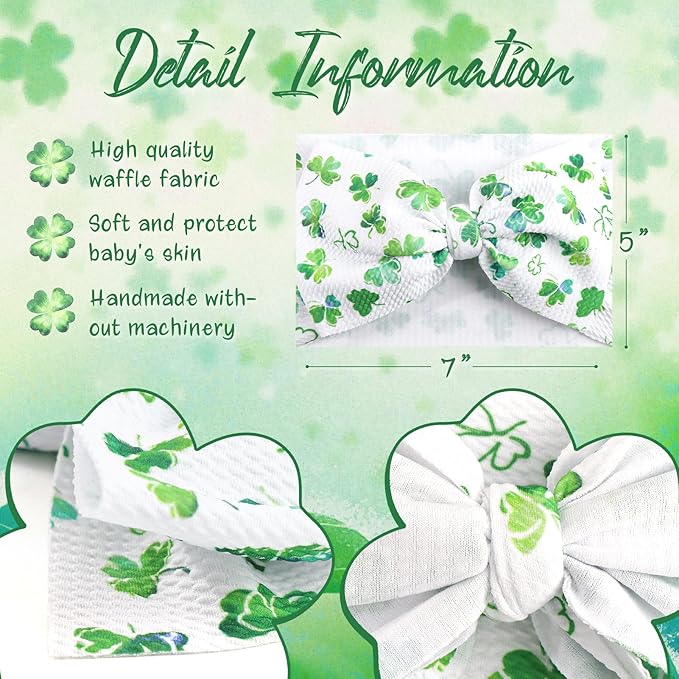 7” Large St Patricks Day Baby Bows Green Shamrock Clover Headbands for Girl Infant White Leaves Tied Bows Hairband St Patricks Hair Accessories Gift