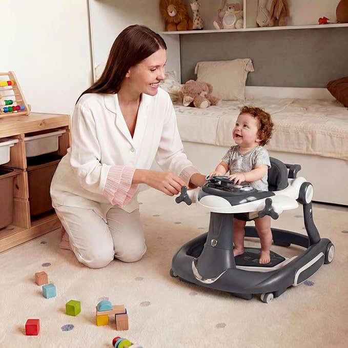 7 in 1 Foldable Baby Walker, Infant Activity Walker w/Adjustable Height, Detachable Play Tray with Music & Light, Baby Push Walker with Wheels for Boys Girls 7-18 Months, Speed Control, Gray